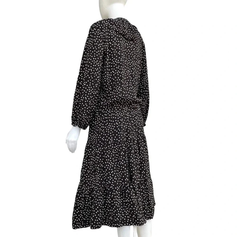 Polka Dot Tiered Midi Dress Black White Ruffle V-Neck Parisian‎ Chic Boho Size M